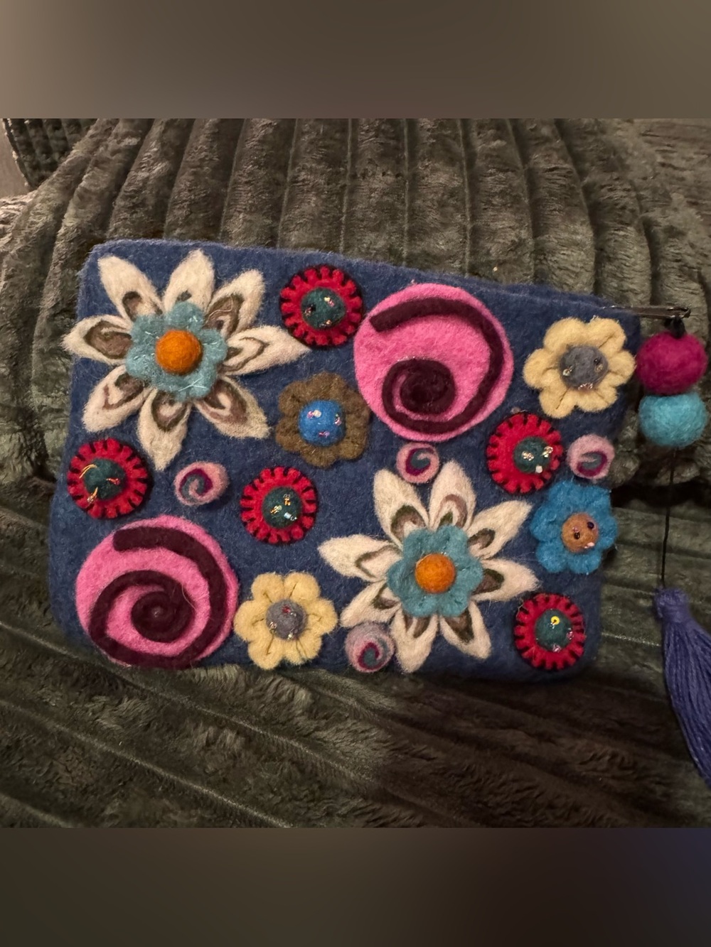 Rising Tide Felted Wool Floral Boho Clutch Bag Purse Pouch Made in Nepal Blue